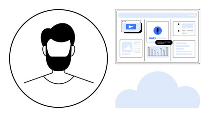 Head outline near cloud-connected dashboard showcasing analytics, video, alert notification, input form, data sharing. Ideal for security, connectivity, user interaction, technology software