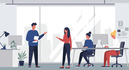 Team collaboration session in modern office space digital illustration professional environment engaging viewpoint. Vector illustration
