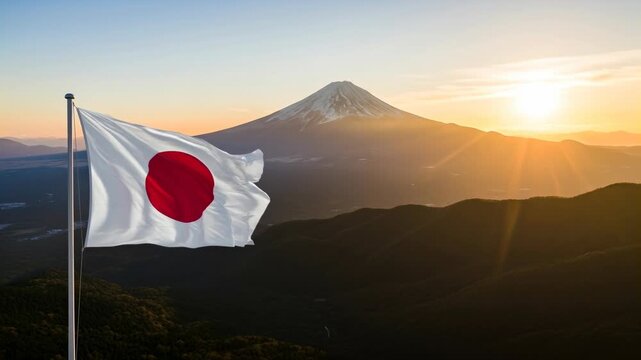 Japanese flag waving in the wind with Mount Fuji at sunrise