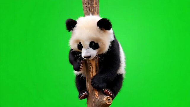 Adorable baby panda cub playfully climbs weathered tree trunk against vibrant green screen background, capturing joyful wildlife moments