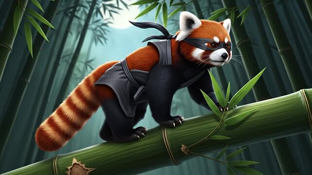 A cute red panda dressed as a ninja warrior sneaks along a bamboo stalk in a moonlit forest