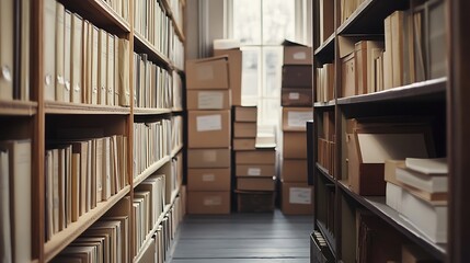 Obraz premium Vintage Library Bookshelves with Stacked Cardboard Boxes in Aisle.