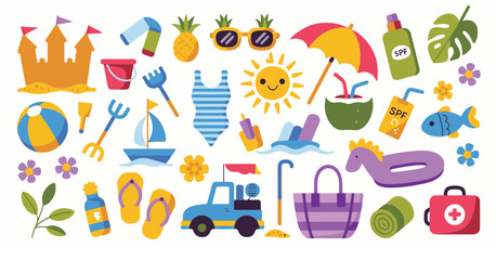 Flat cartoon illustration of beach and summer items on a white background
