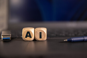 Mans hands interacting with AI icons on a dark blue background,