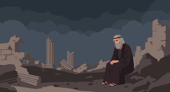 Desolate reflection of an elderly man amidst ruins post-apocalyptic landscape digital art somber atmosphere thoughtful perspective. Vector illustration