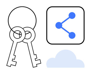 Overlaying keys, sharing icon, and cloud symbolizing data security, access sharing, online services. Ideal for cybersecurity, cloud technology, collaboration, data sharing encryption networking