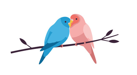 Affectionate parrots cuddling on a branch in minimalist style contemporary art bright environment close-up view. Vector illustration