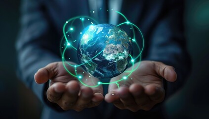 Global network connection, businessman's hands, office background