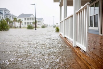 Heavy floodwaters inundate a residential street, lapping against the wooden porch of a house under an overcast sky.