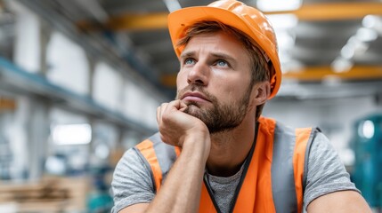 A serious male worker wearing safety gear, an orange hard hat and reflective vest, contemplating in a factory setting.