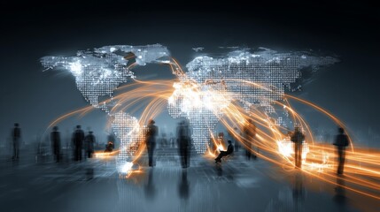 global communication data streams connecting continents in futuristic digital world map