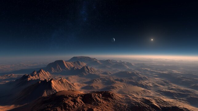 photorealistic view of mars surface with mountains craters earth and stars