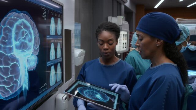 Diverse team of surgeons examining a 3d brain scan displayed on a large digital screen in a modern operating room, discussing diagnosis and treatment strategies - Powered by Adobe