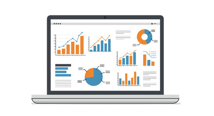 Analyzing business data trends with graphs and charts on laptop office environment digital content informative view. Vector illustration