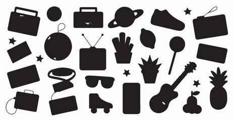 Retro 90s themed sticker collection on black and white background