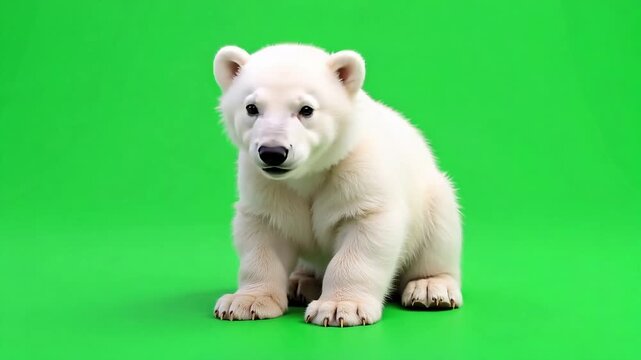 Adorable polar bear cub sits patiently on a vibrant green screen background, ready for creative compositing and storytelling.