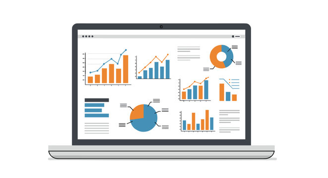 Analyzing business data trends with graphs and charts on laptop office environment digital content informative view. Vector illustration