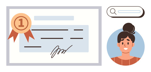 Certificate with ribbon and signature, user profile in circular frame, and search bar. Ideal for education, job recognition, success, certification, personal growth achievement career. Simple flat