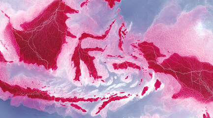 A translucent pink outline map of Indonesia's archipelago.