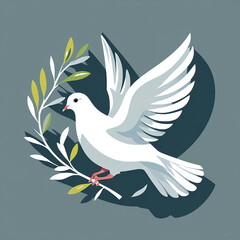 Obraz premium A stylized white dove of peace flying while carrying a green olive branch in its beak.