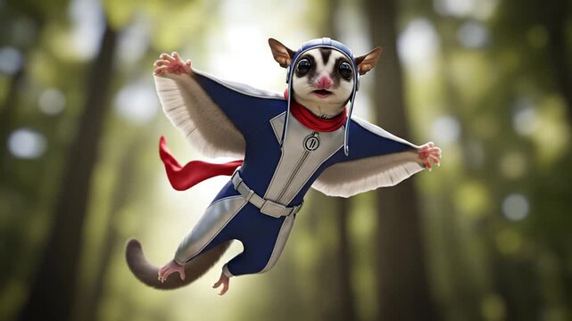 An adventurous sugar glider dressed as an aviator with a red scarf glides through the forest.