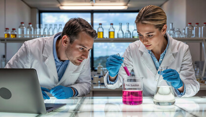 - Two scientists analyzing pink solution in laboratory