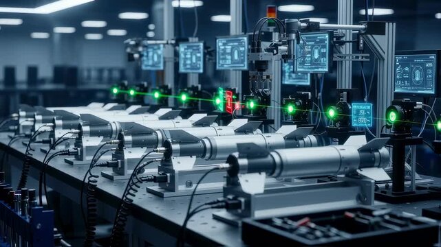 Industrial calibration workstation featuring multiple smart munition guidance units lined up for batch testing and quality assurance.