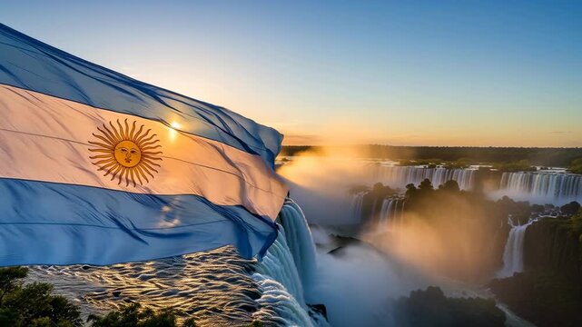 Argentinian flag waving over Iguazu Falls at sunrise
