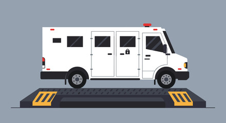 Secure transport vehicle on loading dock digital illustration industrial environment side view safety concept. Vector illustration