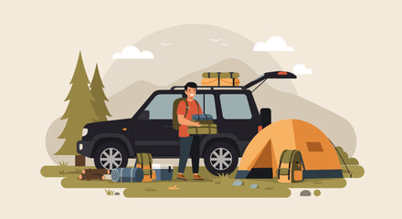 Camping adventure in the mountains outdoor enthusiast gear setup natural landscape wide angle view exploration concept. Vector illustration