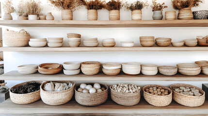 Woven baskets and ceramic bowls on wooden shelves create bohemian style eco kitchen. natural textures and earthy tones evoke sense of calm and simplicity