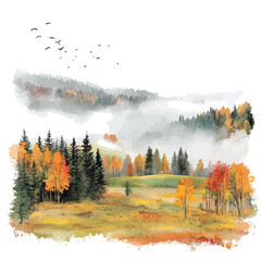 Foggy Morning Autumn Field, watercolor illustration vector, isolated on a white background.