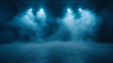 Dark urban street scene with an asphalt texture, deep blue tones, neon lights, and spotlights. Concrete floor and studio interior with rising smoke, ideal for product display backgrounds