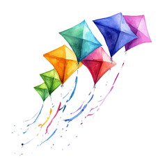 Flying Kites Spring Sky, watercolor painting vector, isolated on a white background.
