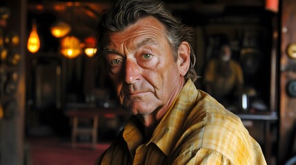 Portrait of a weathered man, pensive expression, dimly lit room