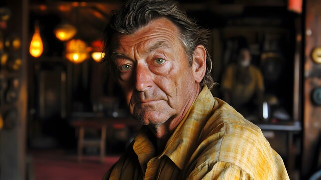 Portrait of a weathered man, pensive expression, dimly lit room