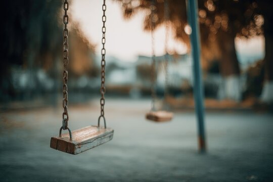 Empty swings at a park at sunset