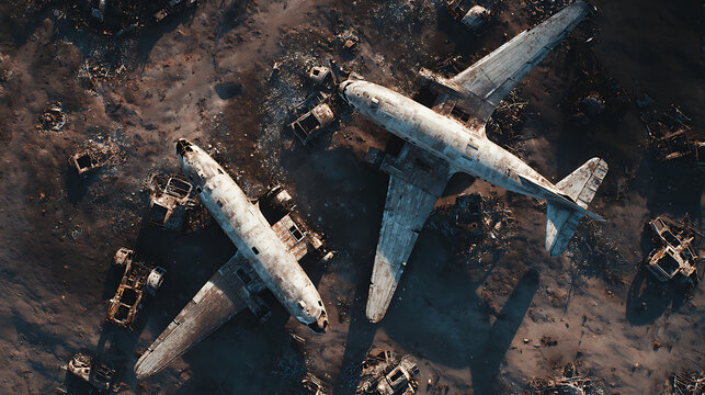 Aerial view of airplane graveyard in iceland abandoned aircraft wreckage site travel destination tourism