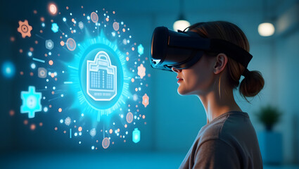 Female exploring virtual reality world with glasses and holographic interface. Modern technology, artificial intelligence, digital future, innovation, augmented reality, immersive interaction.