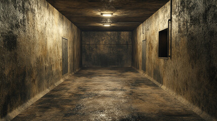Minimalist dark abstract interior concept featuring an underground studio, hallway, parking area, bunker, and basement bomb shelter. 3D rendered illustration