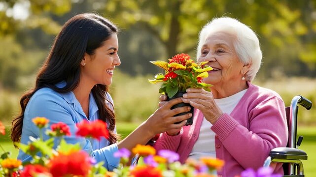 Latin senior woman receiving pot with flowers from her granddaughter