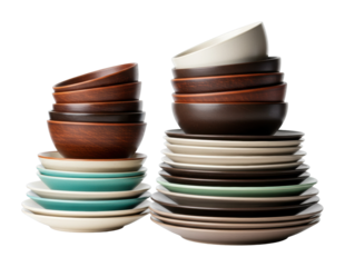 Stacked bowls and plates arrangement kitchen food modern environment top tableware concept. Cut out PNG