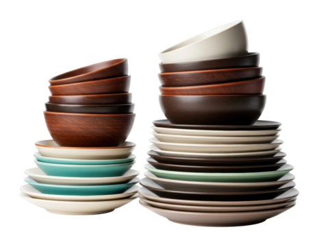 Stacked bowls and plates arrangement kitchen food modern environment top tableware concept. Cut out PNG
