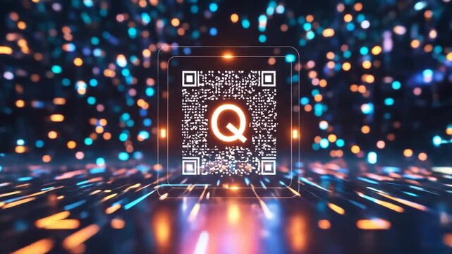 Glowing QR Code with Letter Q Amidst Abstract Bokeh Background - Powered by Adobe