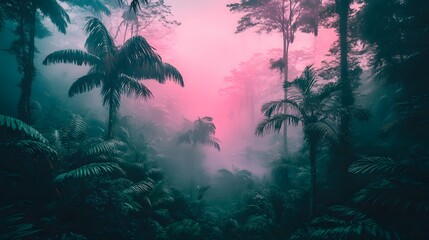 Misty Pink Dawn Tropical Rainforest Palm Trees