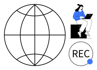 Obraz premium Globe outline symbolizing global reach, woman sitting with laptop, REC icon for recording. Ideal for remote work, digital nomadism, content creation, global communication, education, technology