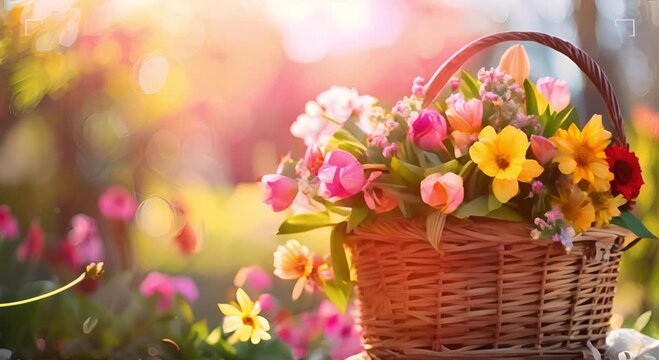 A Basket of Delicate Blue and Purple Flowers Against a Soft Blue Bokeh Background