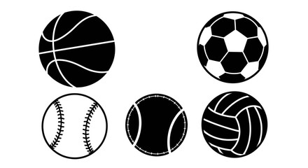 Sports Balls Icons Set - Basketball, Soccer, Baseball, Tennis, Volleyball, Sports Equipment, Athletic Gear, Ball Games, Team Sports, Sports Equipment Design