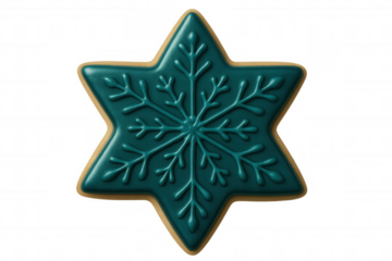 Christmas star shaped cookie with turquoise icing and snowflake decoration isolated on transparent background, perfect for festive projects