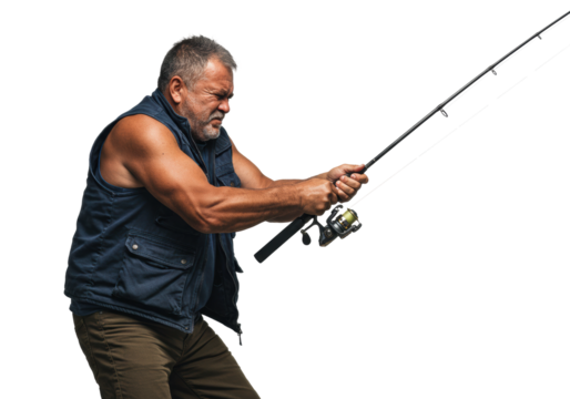 Fisherman casting rod lake action outdoor sport fishing adventure. Cut out PNG